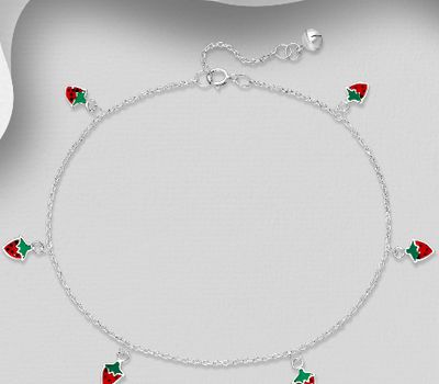 925 Sterling Silver Strawberry Anklet, Decorated with Colored Enamel