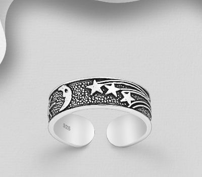 925 Sterling Silver Adjustable Oxidized Moon and Star Toe Ring