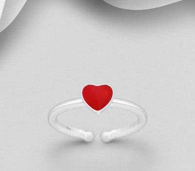 925 Sterling Silver Adjustable Heart Toe Ring, Decorated with Colored Enamel
