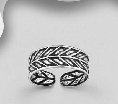 Sterling silver toe ring decorated with an oxidized leaf pattern.
