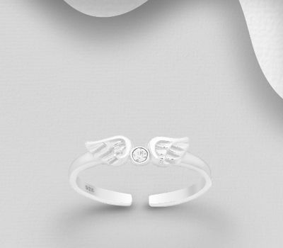 925 Sterling Silver Adjustable Wings Toe Ring, Decorated with Crystal Glass