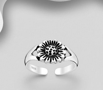 925 Sterling Silver Adjustable Oxidized Flower Toe Ring