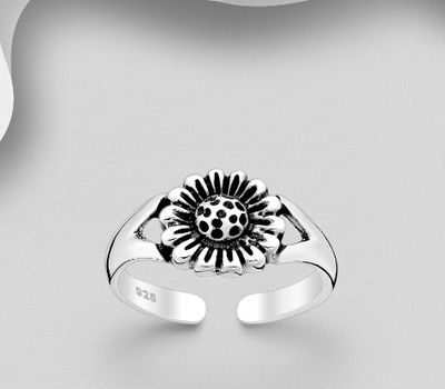 Şəkli böyütmək üçün tiklayın 925 Sterling Silver Adjustable Oxidized Flower Toe Ring