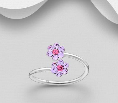 925 Sterling Silver Adjustable Flower Toe Ring,  Decorated with Various Crystal Glass