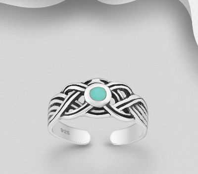 925 Sterling Silver Adjustable Oxidized Celtic Toe Ring, Decorated with Reconstructed Turquoise