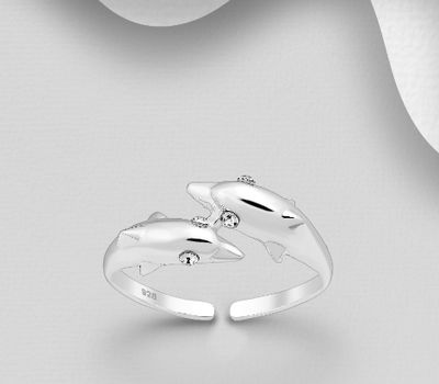 925 Sterling Silver Adjustable Dolphin Toe Ring, Decorated with Crystal Glass