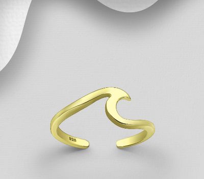 925 Sterling Silver Wave Toe Ring, Plated with 1 Micron 14K Yellow Gold