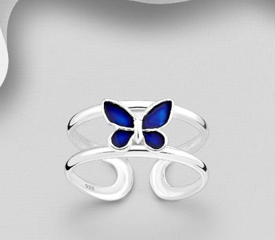 925 Sterling Silver Adjustable Butterfly Toe Ring, Decorated with Colored Enamel