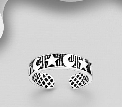 Şəkli böyütmək üçün tiklayın 925 Sterling Silver Adjustable Oxidized Toe Ring, Featuring Crescent Moon and Star Pattern.