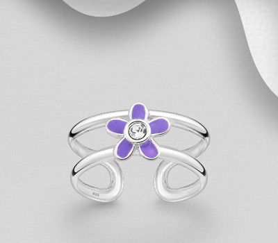 925 Sterling Silver Adjustable Flower Toe Ring, Decorated with Colored Enamel and Crystal Glass