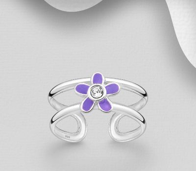 Şəkli böyütmək üçün tiklayın 925 Sterling Silver Adjustable Flower Toe Ring, Decorated with Colored Enamel and Crystal Glass