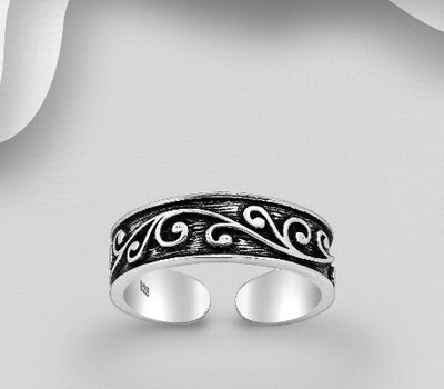 925 Sterling Silver Adjustable Oxidized Swirl Toe Ring