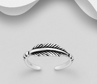 925 Sterling Silver Adjustable Oxidized Feather Toe Ring