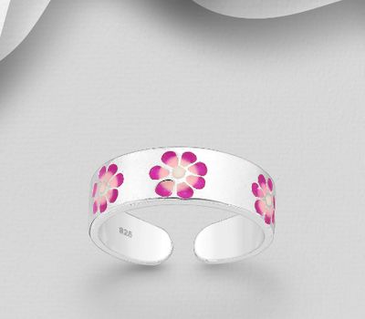 925 Sterling Silver Adjustable Flower Toe Ring, Decorated with Colored Enamel