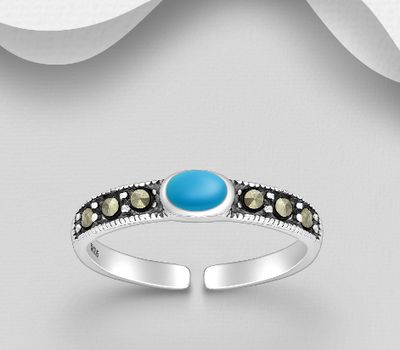 925 Sterling Silver Adjustable Toe Ring, Decorated with Marcasite, Reconstructed Turquoise and Resin