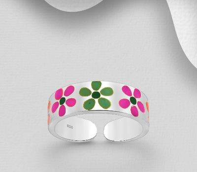 925 Sterling Silver Adjustable Flower Toe Ring, Decorated with Colored Enamel