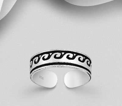 925 Sterling Silver Adjustable Oxidized Wave Toe Ring