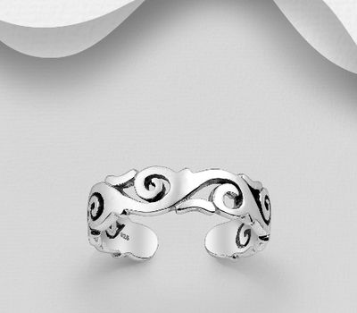 925 Sterling Silver Adjustable Oxidized Wave Toe Ring