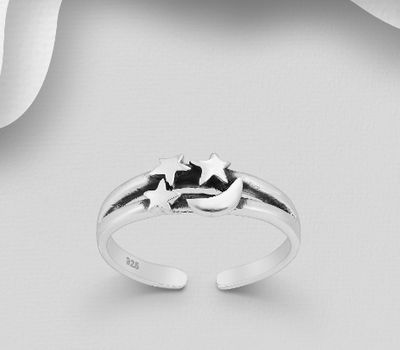 925 Sterling Silver Adjustable Oxidized Moon and Star Toe Ring