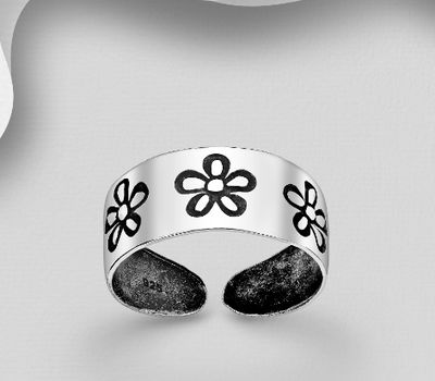925 Sterling Silver Adjustable Oxidized Flower Toe Ring