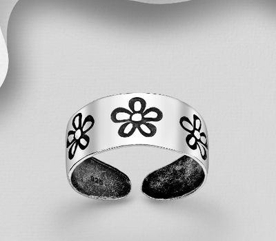 Şəkli böyütmək üçün tiklayın 925 Sterling Silver Adjustable Oxidized Flower Toe Ring