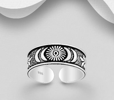 925 Sterling Silver Adjustable Oxidized Toe Ring, Featuring Moon, Star and Sun Design.
