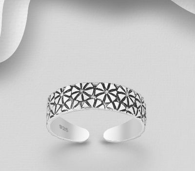 925 Sterling Silver Adjustable Oxidized Flower Toe Ring