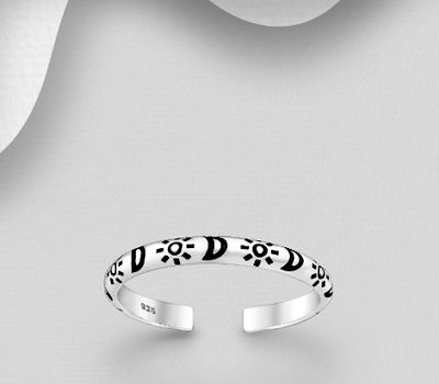 925 Sterling Silver Adjustable Oxidized Moon and Star Toe Ring