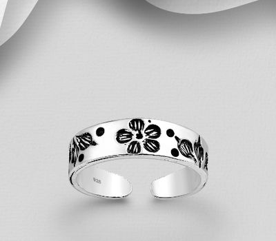 925 Sterling Silver Adjustable Oxidized Flower Toe Ring