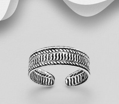 925 Sterling Silver Oxidized Patterned Adjustable Toe Ring