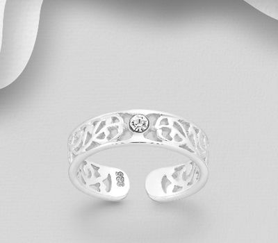 925 Sterling Silver Adjustable Toe Ring, Decorated with Crystal Glass