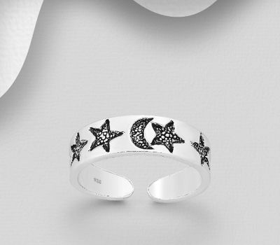 925 Sterling Silver Adjustable Oxidized Moon and Star Toe Ring