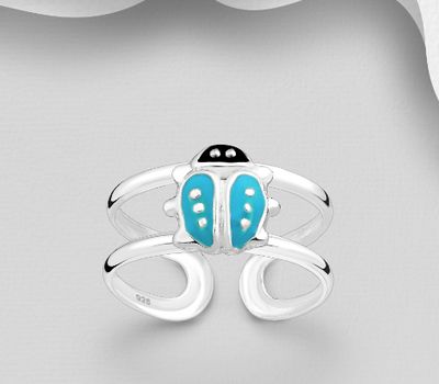 925 Sterling Silver Adjustable Ladybug Toe Ring, Decorated with Colored Enamel