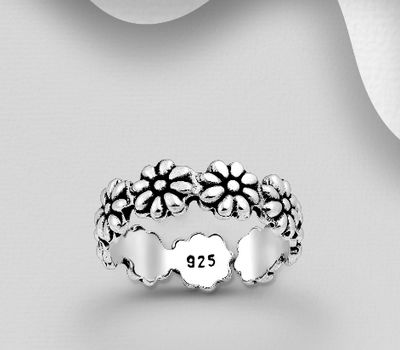 925 Sterling Silver Adjustable Oxidized Flower Toe Ring