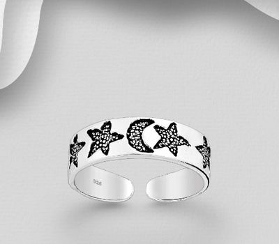 925 Sterling Silver Oxidized Adjustable Toe Ring, Featuring Crescent Moon and Sun Design