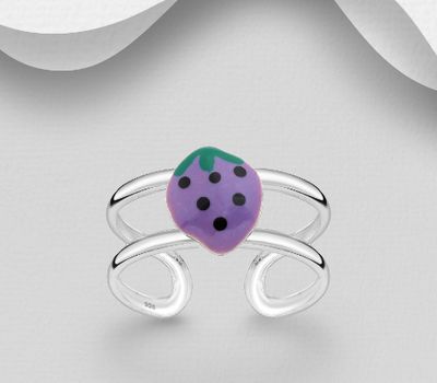 925 Sterling Silver Adjustable Strawberry Toe Ring, Decorated with Colored Enamel