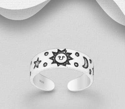 925 Sterling Silver Oxidized Moon, Star and Sun Toe Ring
