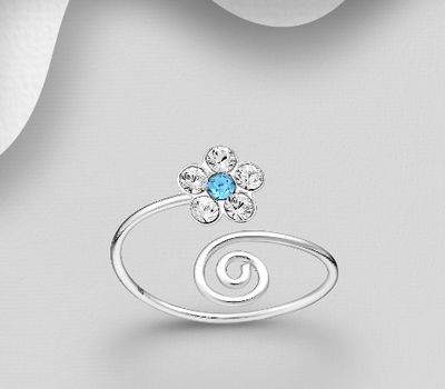 925 Sterling Silver Adjustable Flower and Swirl Toe Ring Decorated with Crystal Glass