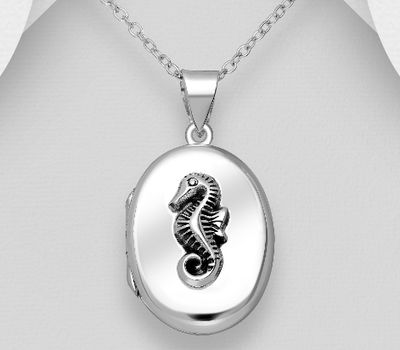 925 Sterling Silver Oxidized Seahorse Locket Pendant