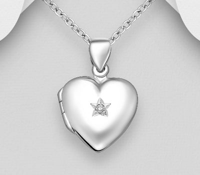 925 Sterling Silver Heart Locket Pendant, Decorated with CZ Simulated Diamond