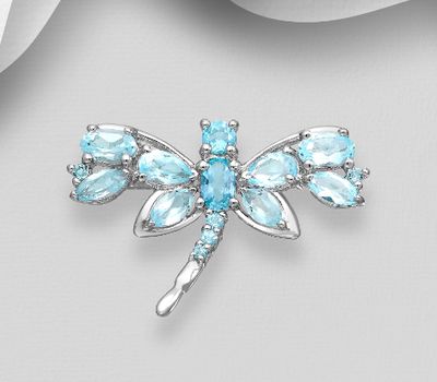 La Preciada - 925 Sterling Silver Dragonfly Brooch, Decorated with Sky-Blue Topaz