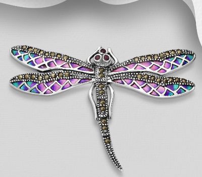 925 Sterling Silver Dragonfly Brooch Pendant, Decorated with Colored Enamel, Marcasite and Ruby