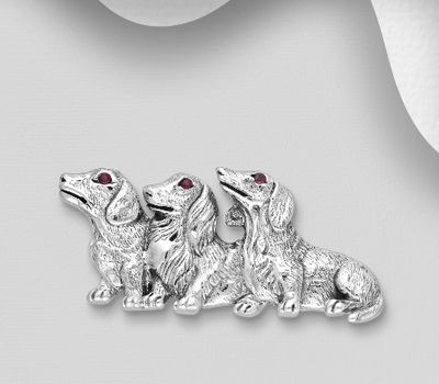 925 Sterling Silver Oxidized Dog Brooch Decorated With CZ