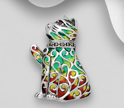 925 Sterling Silver Cat Brooch, Decorated with Colored Enamel, Marcasite and Ruby