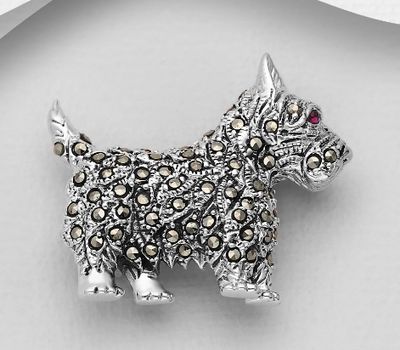 925 Sterling Silver Dog Brooch Decorated With Marcasite And CZ