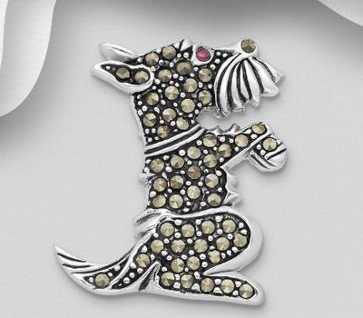 925 Sterling Silver Dog Brooch and Pendant, Decorated with Marcasite and CZ Simulated Diamonds