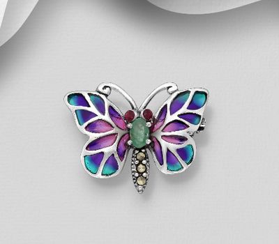 925 Sterling Silver Butterfly Brooch, Decorated with Colored Enamel, Marcasite and Various Gemstones