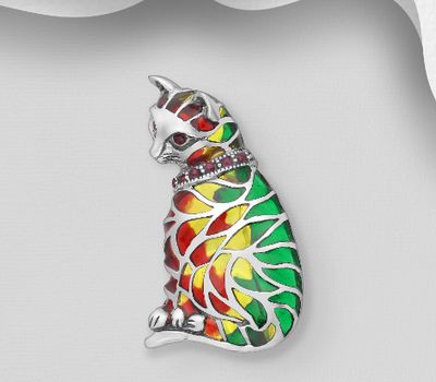 925 Sterling Silver Cat Brooch and Pendant, Decorated with Colored Enamel and Ruby