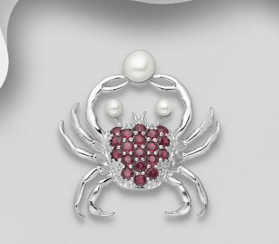 La Preciada - 925 Sterling Silver Crab Brooch, Decorated with Freshwater Pearl and Gemstones