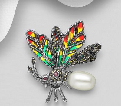 925 Sterling Silver Bee Brooch, Decorated with Colored Enamel, Freshwater Pearl, Marcasite and Ruby